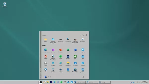 A computer desktop displaying a start menu featuring various application icons. The desktop has a teal background, and the start menu has a gray theme reminiscent of Windows 95. The taskbar at the bottom shows open applications and system icons. Relevant keyword: windowblinds 11.