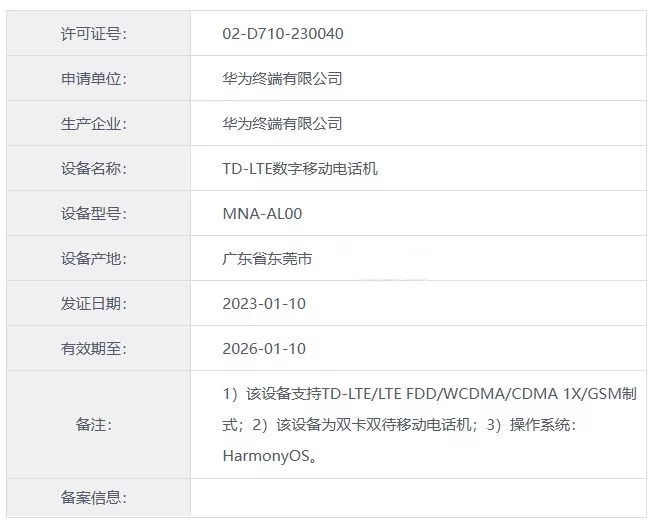 華為 P60 系列進網許可截圖
