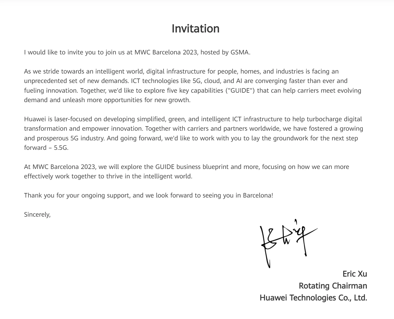 華為 MWC 2023 邀請函