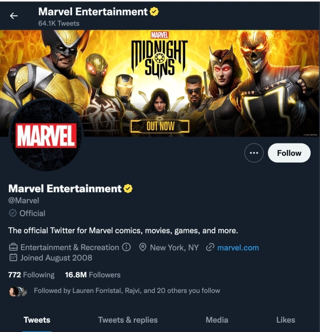 漫威的 Twitter 金色勾勾截圖