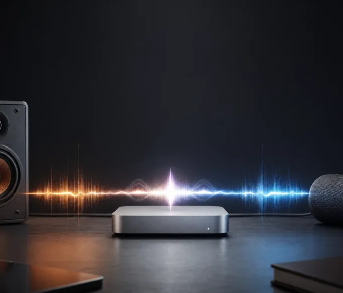 Mac 有線喇叭與藍牙喇叭的橘藍聲波在電腦中央同步重合