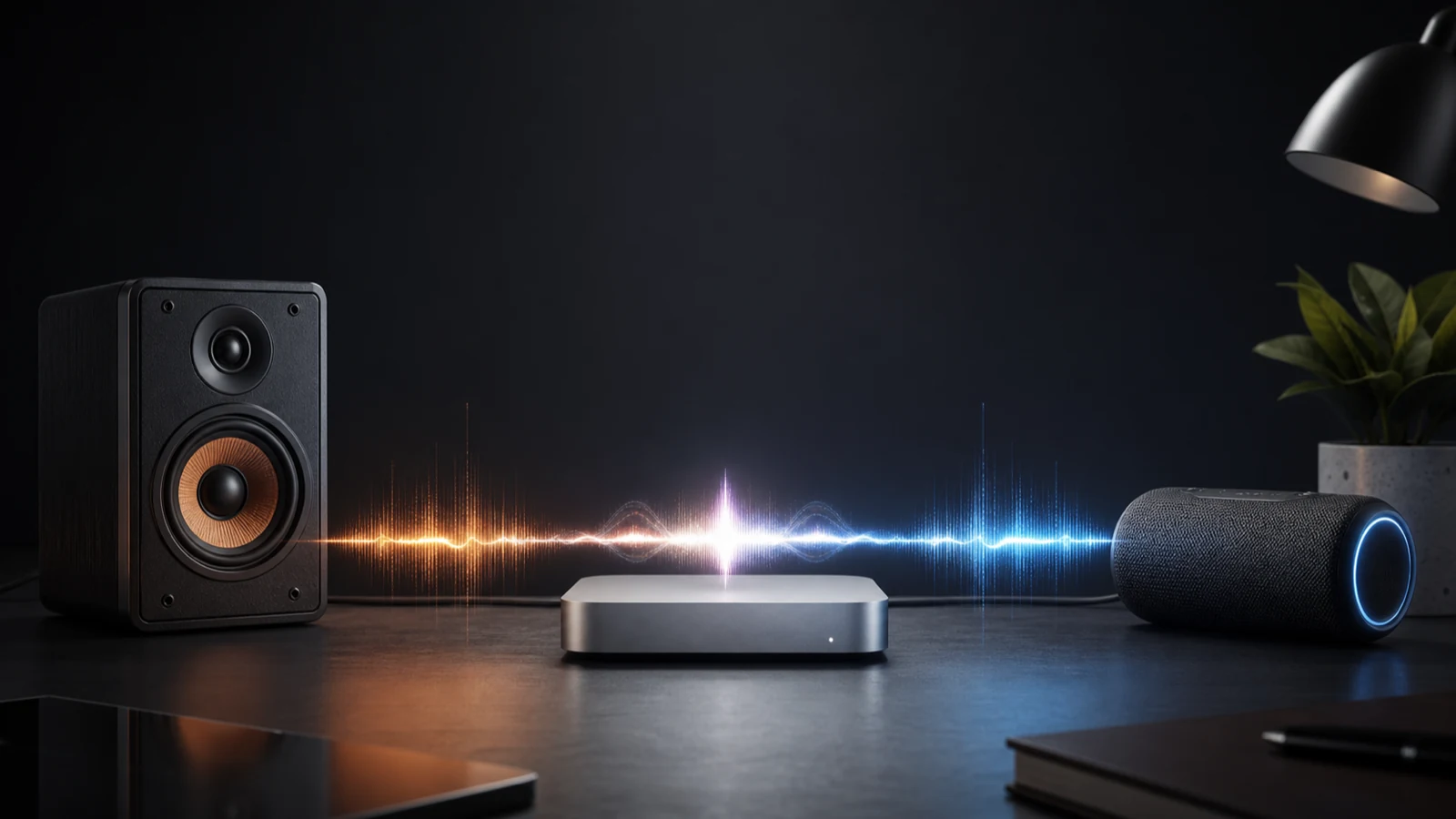 Mac 有線喇叭與藍牙喇叭的橘藍聲波在電腦中央同步重合