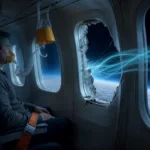 高空客艙剖面顯示破裂窗戶、向外氣流、繫緊安全帶與垂下氧氣罩