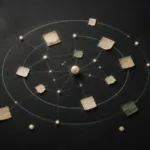 深墨色紙面上，暖白紙片與薄荷綠同心線聚合成一張知識關係網