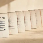 暖白桌面上九張影本向遠處排列，深藍字跡逐張淡去，銅紅色摺痕逐張加深