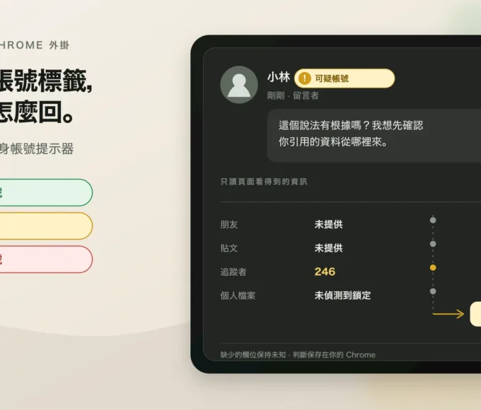 深色 Facebook 留言情境中，陌生帳號姓名旁顯示黃色可疑提示，旁邊列出朋友、貼文、追蹤者與鎖定狀態