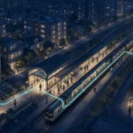 暮色城市中，發光路線從住宅穿過車站與列車，連到辦公室和路線外的藥局