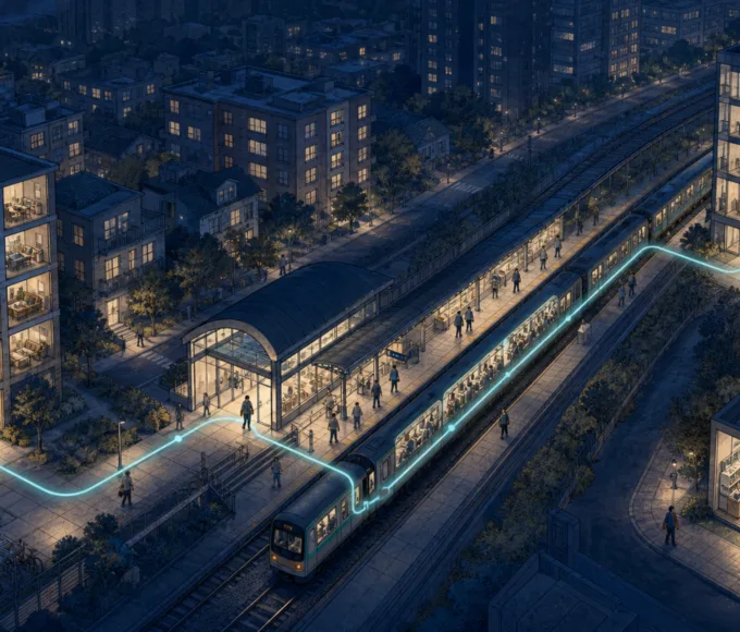 暮色城市中，發光路線從住宅穿過車站與列車，連到辦公室和路線外的藥局