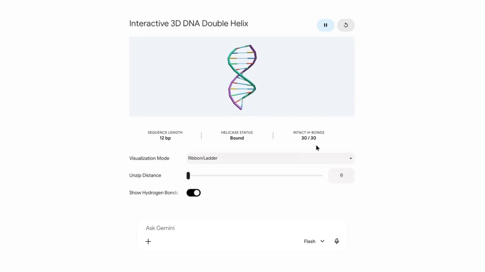 Gemini 生成可旋轉的 DNA 雙股螺旋 3D 模型，畫面列出序列長度與氫鍵狀態