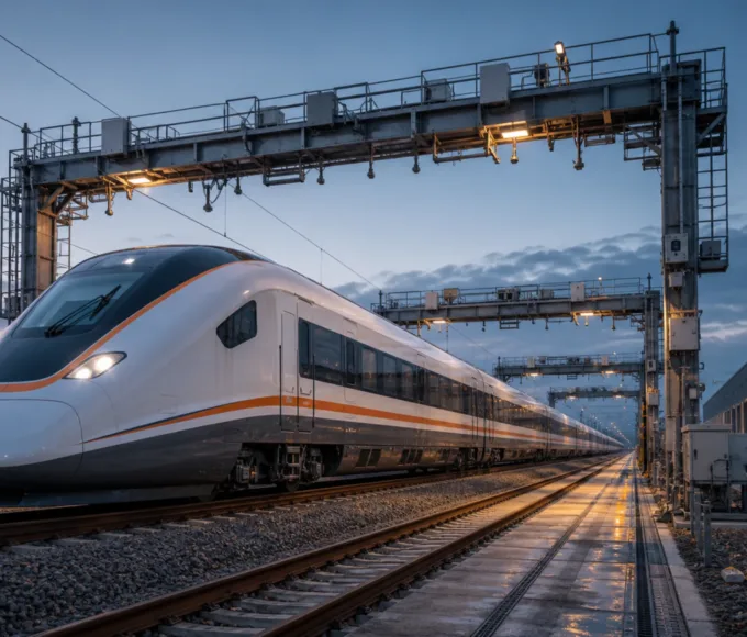 一列白色橘線高速列車停在黎明的測試軌道，前方依序架設三座量測門架