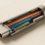 暖白紙面上的無品牌橢圓接頭剖面，內部銅橙、鈷藍與苔綠三束線路分別延伸到不同位置。