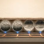 電子紙微膠囊剖面，深淺顏料停留在不同位置，象徵斷電後畫面仍保持