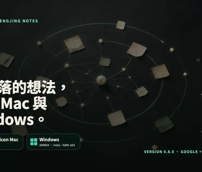 深墨色知識關係圖標示 Apple Silicon Mac、Windows 與 0.8.0 Google 雲端及本地雙軌備份