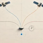 四道來自衛星的時間訊號匯入接收端，接收機校正時鐘差後形成藍點。