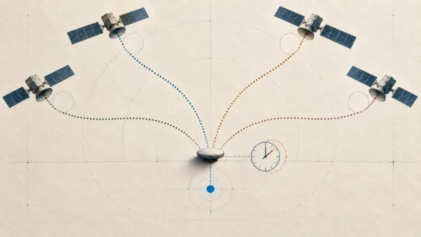 四道來自衛星的時間訊號匯入接收端，接收機校正時鐘差後形成藍點。
