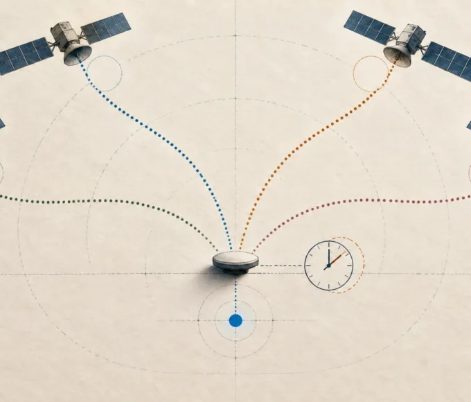 四道來自衛星的時間訊號匯入接收端，接收機校正時鐘差後形成藍點。