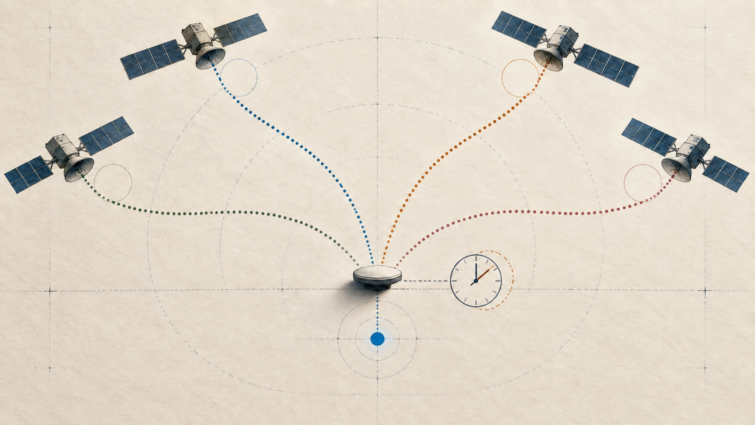 四道來自衛星的時間訊號匯入接收端，接收機校正時鐘差後形成藍點。
