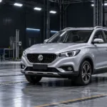 AI 生成的概念示意：銀色 MG ZS 停在冷色照明的車輛安全測試實驗室，非實際撞測照片。