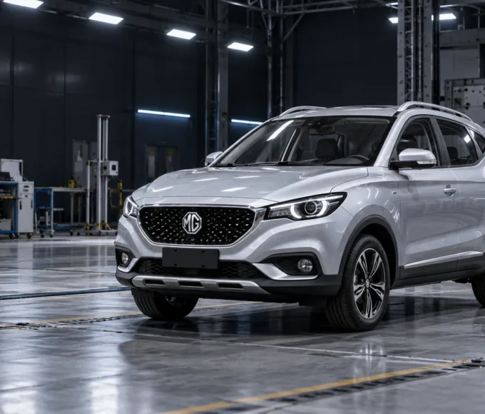 AI 生成的概念示意：銀色 MG ZS 停在冷色照明的車輛安全測試實驗室，非實際撞測照片。