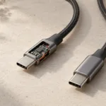 兩條外觀相近的 USB-C 編織線並排，一條接頭以剖面呈現內部小型識別電路，另一條保持封閉。
