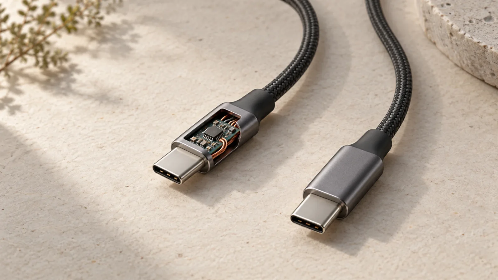 兩條外觀相近的 USB-C 編織線並排，一條接頭以剖面呈現內部小型識別電路，另一條保持封閉。