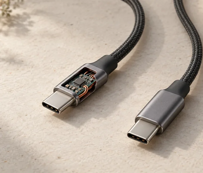 兩條外觀相近的 USB-C 編織線並排，一條接頭以剖面呈現內部小型識別電路，另一條保持封閉。